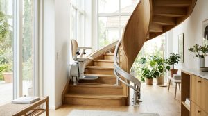 Monte-escalier moderne sur un escalier tournant, maison lumineuse